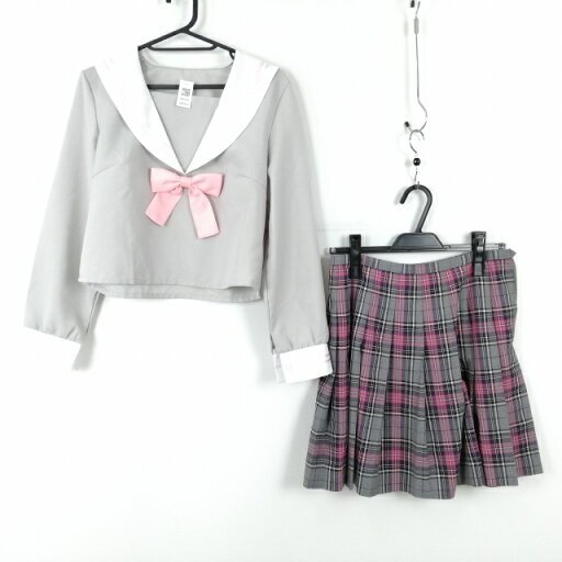 コスプレ セーラー服 チェックスカート 上下2点セット イーストボーイ ピンク2本線 女子 学生服 中学 高校 グレー 制服 中古 GM2054 コスプレ セーラー服 チェックスカート 上下2点セット イーストボーイ ピンク2本線 女子 学生服 中学 高校 グレー 制服 中古 GM2054