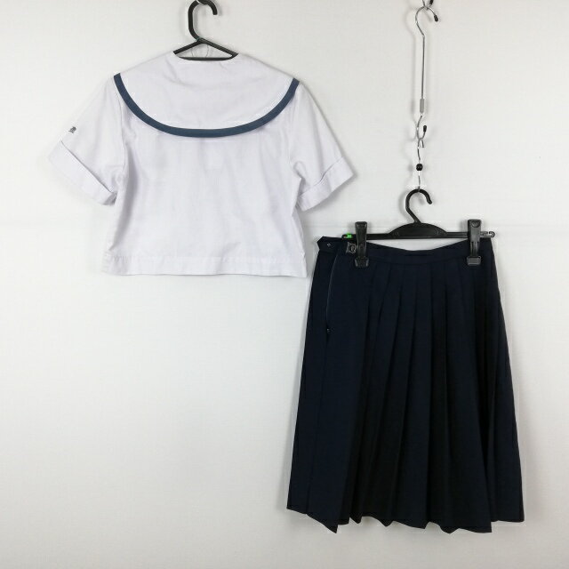 セーラー服 スカート 上下2点セット 160A 夏物 緑1本線 女子 学生服 鹿児島米ノ津中学 白 制服 中古 ランクC EY8422