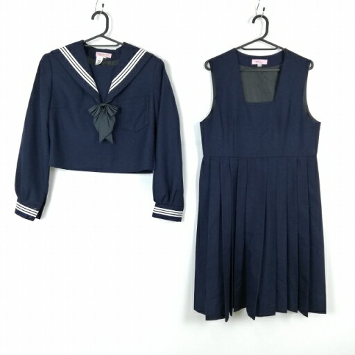 セーラー服 ジャンパースカート リボン 上下3点セット 冬物 白3本線 女子 学生服 中学 高校 紺 制服 中古 ランクC EY8432 セーラー服 ジャンパースカート リボン 上下3点セット 冬物 白3本線 女子 学生服 中学 高校 紺 制服 中古 ランクC EY8432