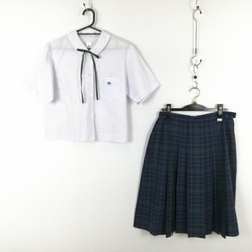ブラウス チェックスカート 紐タイ 上下3点セット 大きいサイズ 夏物 女子 学生服 高知青柳中学 白 制服 中古 ランクC EY8512 ブラウス チェックスカート 紐タイ 上下3点セット 大きいサイズ 夏物 女子 学生服 高知青柳中学 白 制服 中古 ランクC EY8512
