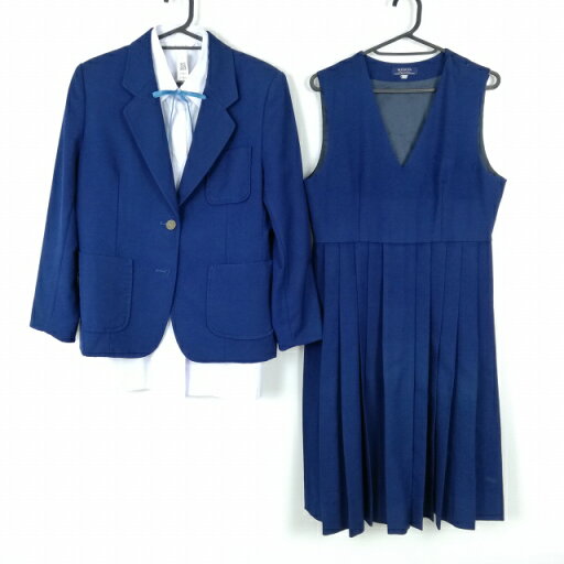 ブレザー ジャンパースカート 紐タイ 上下4点セット 冬物 女子 学生服 中学 高校 花紺 制服 中古 ランクC EY9811 ブレザー ジャンパースカート 紐タイ 上下4点セット 冬物 女子 学生服 中学 高校 花紺 制服 中古 ランクC EY9811