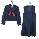 セーラー服 ジャンパースカート スカーフ 上下3点セット 赤2本線 女子 学生服 中学 高校 紺 制服 中古 ランクC NA0059