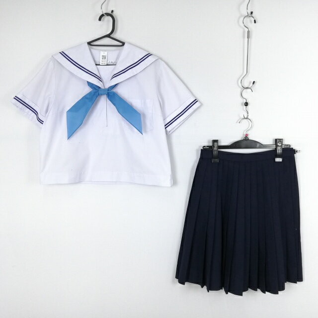 セーラー服 スカート スカーフ 上下3点セット 大きいサイズ 夏物 青2本線 女子 学生服 中学 高校 白 制服 中古 ランクC NA0183