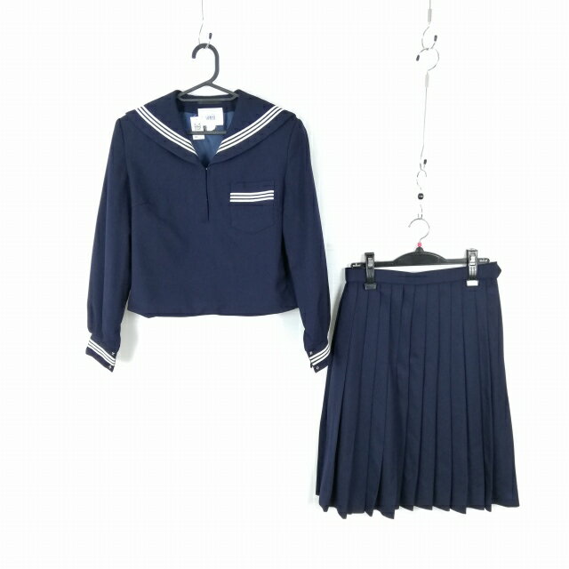 セーラー服 スカート 上下2点セット 冬物 白3本線 女子 学生服 中学 高校 紺 制服 中古 ランクC NA0320