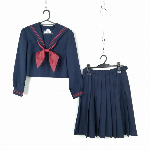セーラー服 スカート スカーフ 上下3点セット 155A カンコー 冬物 赤2本線 女子 学生服 中学 高校 紺 制服 中古 ランクC NA1826
