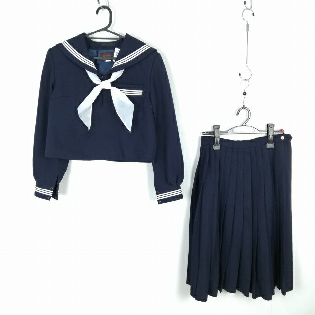セーラー服 スカート スカーフ 上下3点セット 165A カンコー 冬物 白3本線 女子 学生服 中学 高校 紺 制服 中古 ランクC NA2264