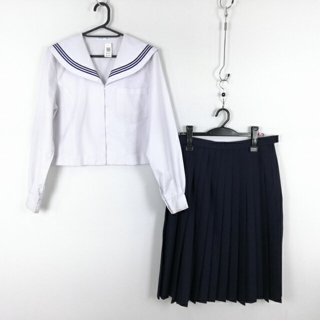 セーラー服 スカート 上下2点セット 中間服 青3本線 女子 学生服 中学 高校 白 制服 中古 ランクC NA2402
