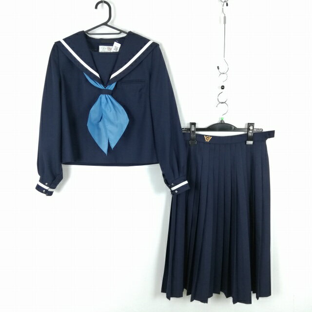 セーラー服 スカート スカーフ 上下3点セット 大きいサイズ 冬物 白1本線 女子 学生服 中学 高校 紺 制服 中古 ランクC NA2406