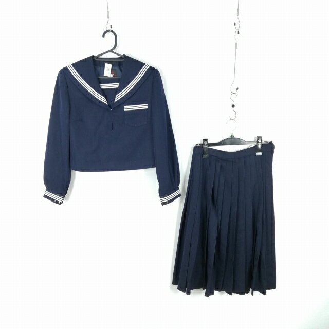 セーラー服 スカート 上下2点セット 160A カンコー 冬物 白3本線 女子 学生服 中学 高校 紺 制服 中古 ランクC NA2431