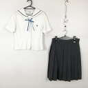 セーラー服 チェックスカート 紐タイ 上下3点セット L トンボ 夏物 青1本線 女子 学生服 福岡三国中学 白 制服 中古 ランクC NA2441