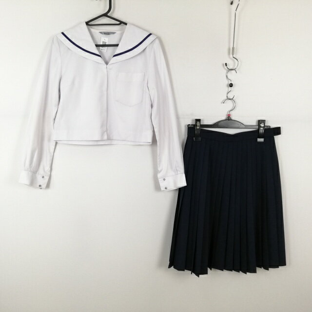セーラー服 スカート 上下2点セット 155A 中間服 青1本線 女子 学生服 中学 高校 白 制服 中古 ランクC NA2515