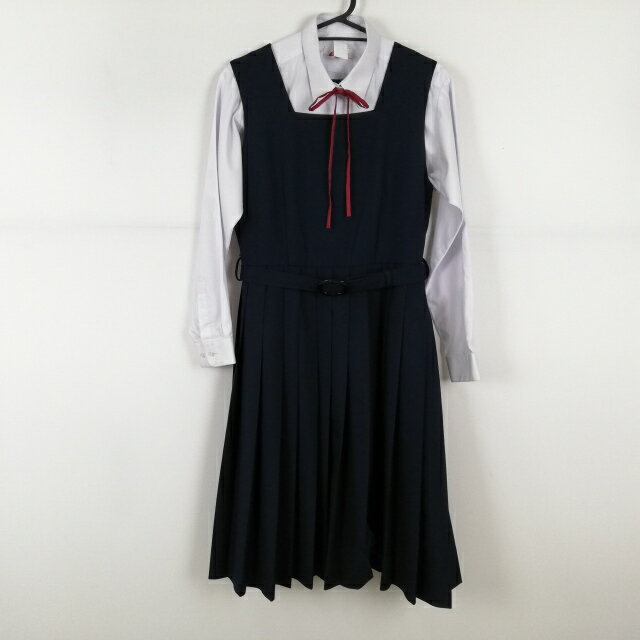 ジャンパースカート 紐タイ 160A バスト88 ウエスト72 冬物 女子 学生服 中学 高校 紺 制服 中古 ランクC NA2519
