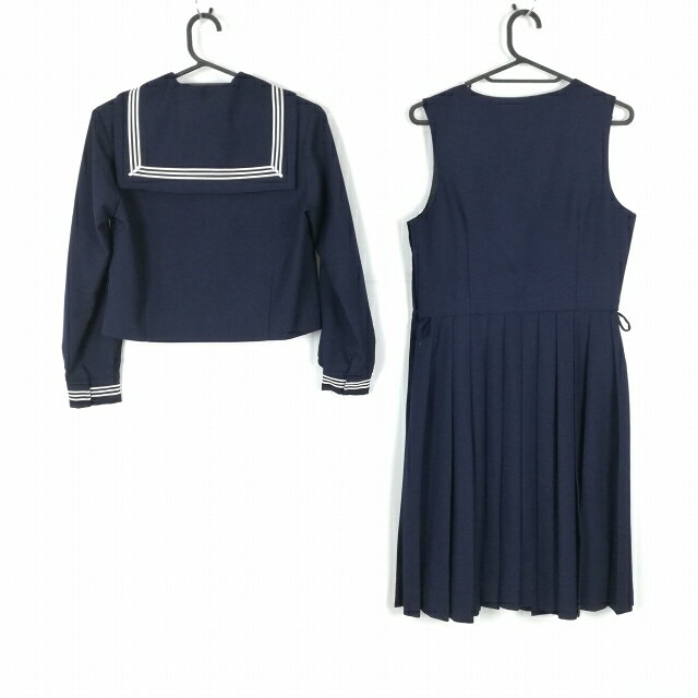 セーラー服 ジャンパースカート スカーフ 上下3点セット 冬物 白3本線 女子 学生服 中学 高校 紺 制服 中古 ランクC NA7443