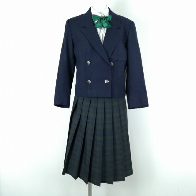 ブレザー チェックスカート リボン 上下4点セット 大きいサイズ 冬物 女子 学生服 中学 高校 紺 制服 中古 ランクC NA7536