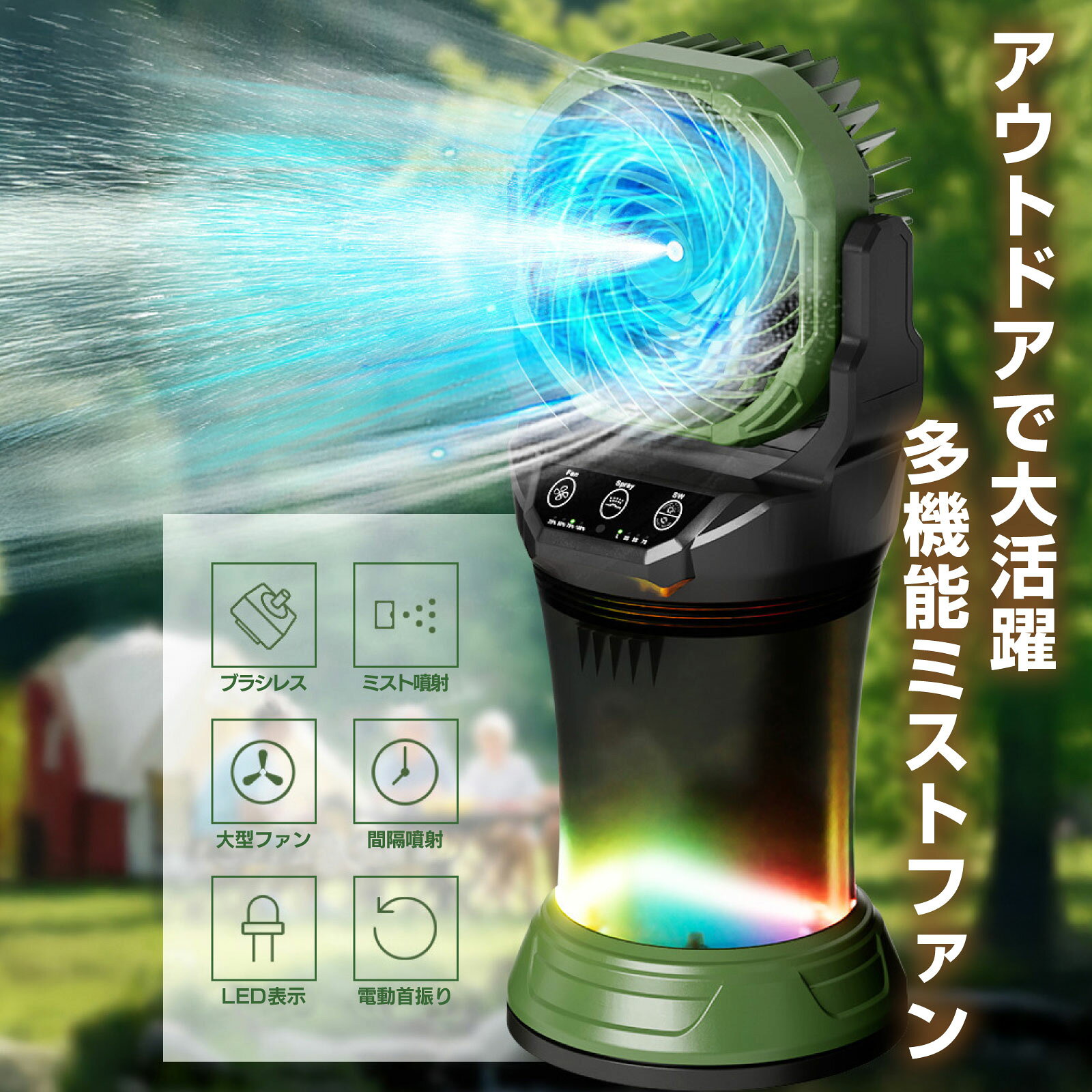 扇風機 ミストファン 自動首振り 角度調節 充電式 USB 15000mAh 大容量バッテリー 軽量 低騒音 リモコン付き サーキュレーター RGB LED 卓上 スタンド式 キャンプ 防災 アウトドア 熱中症 暑さ対策 auc-topsense-10014448 トップセンス サンプル画像2