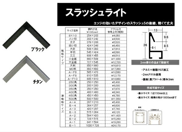 額縁 デッサン用額縁 正方形の額 アルミフレーム スラッシュライト サイズ インチ〜 250角 300角 350角 400角 ブラック チタン