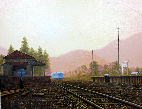 絵画 油絵 肉筆絵画 F6サイズ 「朝の駅舎2」 朝隈 敏彦 木枠付 -新品