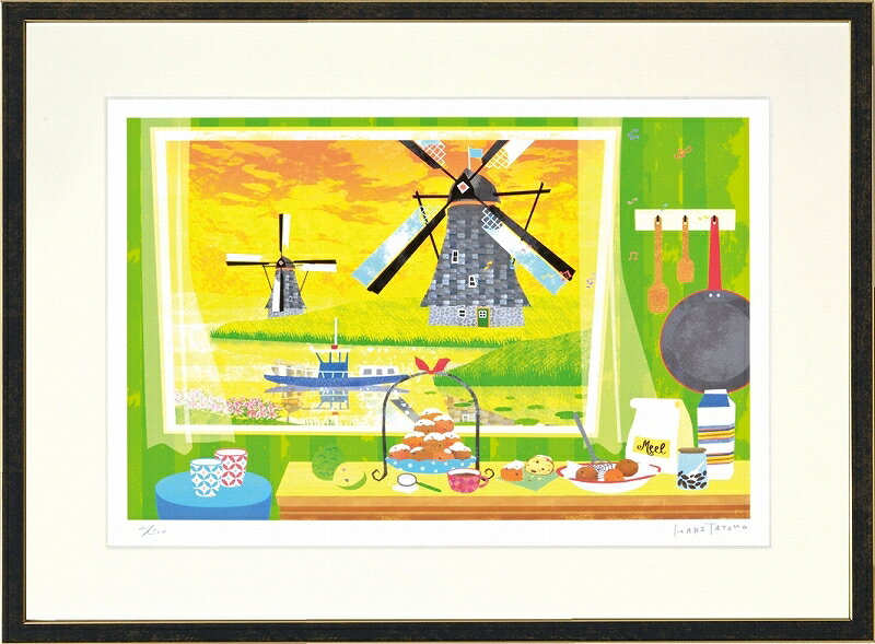 日本の名画 絵画 額装 ジーグレー版画 はりたつお作 「オランダの食卓」 三三