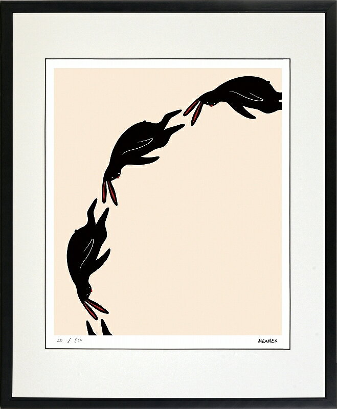 カタログ　パンフレット　リーフレット サイズ・シートサイズ:四ッ切:約424X348mm 仕様・ジークレー版画、木製額縁、2mm厚マット、表面ガラス、吊り金具、ケース 商品説明 ・MEOMEO作の額装版画です。 ・人気の作品を厳選した作品集の中にある絵です。 ・納品にお時間がかかる場合があります。お急ぎの方は事前にこちらよりお問い合わせください。 ・額装品は生産の関係上、予告なく仕様が変更になる場合があります。 ・天然木のフレームは節や木目の出方が写真とは異なりますのでご了承ください。 ・各商品は限定数生産です。完売の際はご容赦ください。 ・商品写真と商品の実際の色が異なる場合がございます。またロットによっても若干の色の差異が発生致します。 ・受注生産のため、返品・交換はお受け出来ません。 ・商品到着後7日が過ぎた場合、如何なる理由にも対応致しかねます。あらかじめご了承ください。 ・掲載写真はサンプル画像です。・売り切れごめん。 運送費（消費税・梱包費等込み）・送料無料 ※但し離島・沖縄の場合は別途送料が発生することがございますのでお問合せください。商品名・ジークレー版画 額付き絵画 MEOMEO 「落ち行く兎」 シートサイズ・四ッ切:約424X348mm 仕様・ジークレー版画、木製額縁、2mm厚マット、表面ガラス、吊り金具、ケース 商品説明・額装品は生産の関係上、予告なく仕様が変更になる場合があります。 ・天然木のフレームは節や木目の出方が写真とは異なりますのでご了承ください。 ・各商品は限定数生産です。完売の際はご容赦ください。 ・商品写真と商品の実際の色が異なる場合がございます。またロットによっても若干の色の差異が発生致します。 ・受注生産のため、返品・交換はお受け出来ません。 ・商品到着後7日が過ぎた場合、如何なる理由にも対応致しかねます。あらかじめご了承ください。 ※壁面用取り付け金具は付属いたしません。必要な場合、こちらよりお選びお伝えください。(金具代別途申し受けます) ・掲載写真はサンプル画像です。 ・売り切れごめん。