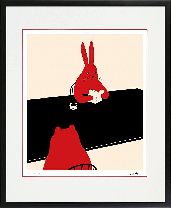 カタログ　パンフレット　リーフレット サイズ・シートサイズ:四ッ切:約424X348mm 仕様・ジークレー版画、木製額縁、2mm厚マット、表面ガラス、吊り金具、ケース 商品説明 ・MEOMEO作の額装版画です。 ・人気の作品を厳選した作品集の中にある絵です。 ・納品にお時間がかかる場合があります。お急ぎの方は事前にこちらよりお問い合わせください。 ・額装品は生産の関係上、予告なく仕様が変更になる場合があります。 ・天然木のフレームは節や木目の出方が写真とは異なりますのでご了承ください。 ・各商品は限定数生産です。完売の際はご容赦ください。 ・商品写真と商品の実際の色が異なる場合がございます。またロットによっても若干の色の差異が発生致します。 ・受注生産のため、返品・交換はお受け出来ません。 ・商品到着後7日が過ぎた場合、如何なる理由にも対応致しかねます。あらかじめご了承ください。 ・掲載写真はサンプル画像です。・売り切れごめん。 運送費（消費税・梱包費等込み）・送料無料 ※但し離島・沖縄の場合は別途送料が発生することがございますのでお問合せください。商品名・ジークレー版画 額付き絵画 MEOMEO 「読書するウサギ」 シートサイズ・四ッ切:約424X348mm 仕様・ジークレー版画、木製額縁、2mm厚マット、表面ガラス、吊り金具、ケース 商品説明・額装品は生産の関係上、予告なく仕様が変更になる場合があります。 ・天然木のフレームは節や木目の出方が写真とは異なりますのでご了承ください。 ・各商品は限定数生産です。完売の際はご容赦ください。 ・商品写真と商品の実際の色が異なる場合がございます。またロットによっても若干の色の差異が発生致します。 ・受注生産のため、返品・交換はお受け出来ません。 ・商品到着後7日が過ぎた場合、如何なる理由にも対応致しかねます。あらかじめご了承ください。 ※壁面用取り付け金具は付属いたしません。必要な場合、こちらよりお選びお伝えください。(金具代別途申し受けます) ・掲載写真はサンプル画像です。 ・売り切れごめん。