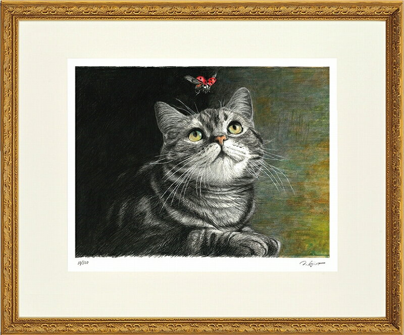 カタログ　パンフレット　リーフレット サイズ・シートサイズ:四ッ切:約424X348mm 仕様・ジークレー版画、木製額縁、2mm厚マット、UVカットアクリル、吊り金具、ケース 商品説明 ・足立トシ作の額装版画です。 インスタグラム：instagram.com/adachi125/ ・人気の作品を厳選した作品集の中にある絵です。 ・納品にお時間がかかる場合があります。お急ぎの方は事前にこちらよりお問い合わせください。 ・額装品は生産の関係上、予告なく仕様が変更になる場合があります。 ・天然木のフレームは節や木目の出方が写真とは異なりますのでご了承ください。 ・各商品は限定数生産です。完売の際はご容赦ください。 ・商品写真と商品の実際の色が異なる場合がございます。またロットによっても若干の色の差異が発生致します。 ・受注生産のため、返品・交換はお受け出来ません。 ・商品到着後7日が過ぎた場合、如何なる理由にも対応致しかねます。あらかじめご了承ください。 ・掲載写真はサンプル画像です。・売り切れごめん。 運送費（消費税・梱包費等込み）・送料無料 ※但し離島・沖縄の場合は別途送料が発生することがございますのでお問合せください。商品名・ジークレー版画 額付き絵画 足立トシ 「テントウムシと猫」 シートサイズ・四ッ切:約424X348mm 仕様・ジークレー版画、木製額縁、2mm厚マット、UVカットアクリル、吊り金具、ケース 商品説明・額装品は生産の関係上、予告なく仕様が変更になる場合があります。 ・天然木のフレームは節や木目の出方が写真とは異なりますのでご了承ください。 ・各商品は限定数生産です。完売の際はご容赦ください。 ・商品写真と商品の実際の色が異なる場合がございます。またロットによっても若干の色の差異が発生致します。 ・受注生産のため、返品・交換はお受け出来ません。 ・商品到着後7日が過ぎた場合、如何なる理由にも対応致しかねます。あらかじめご了承ください。 ※壁面用取り付け金具は付属いたしません。必要な場合、こちらよりお選びお伝えください。(金具代別途申し受けます) ・掲載写真はサンプル画像です。 ・売り切れごめん。