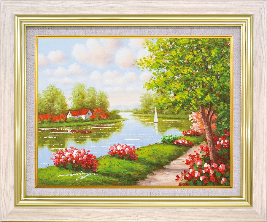 セレクトアート 額装油絵 肉筆絵画 モリンガ 「花畑に彩られて1」8116 F6 F10 アイボリー