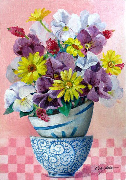 絵画をお探しなら必見！ 油彩画 洋画 (油絵額縁付きで納品対応可) F4 ～ F6 「器とパンジー」 内藤 千嘉 13,620円～