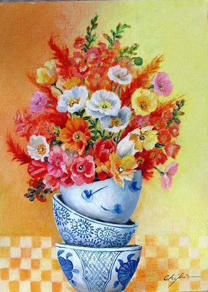 絵画をお探しなら必見！ 油彩画 洋画 (油絵額縁付きで納品対応可) F4 ～ F6 「器とポピー 縦」 内藤 千嘉 13,620円～