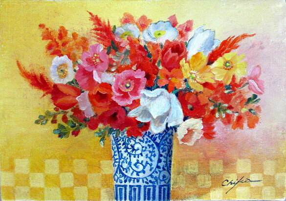 絵画をお探しなら必見！ 油彩画 洋画 (油絵額縁付きで納品対応可) F4 ～ F6 「器とポピー 横」 内藤 千嘉 13,620円～