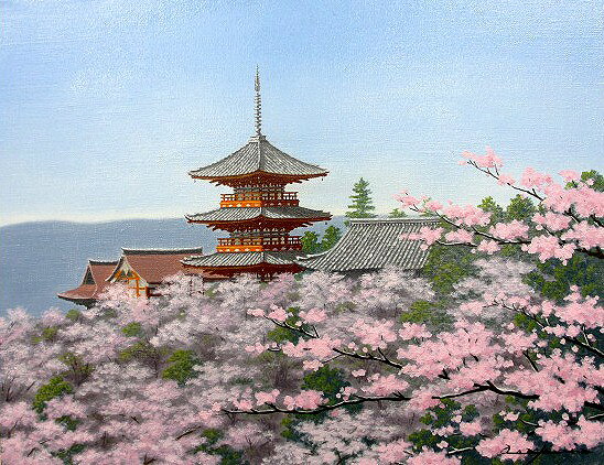 乐天商城 - 日本の名画 油絵 絵画 油彩画 洋画 (油絵額縁付きで納品対応可) F6 〜 F10 「清水寺に桜」 朝隈 敏彦 14,670円〜