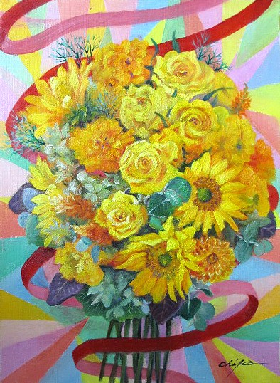 絵画をお探しなら必見！ 油彩画 洋画 (油絵額縁付きで納品対応可) F6 ～ F6 「黄色いバラとリボン 縦」 内藤 千嘉 13,620円～