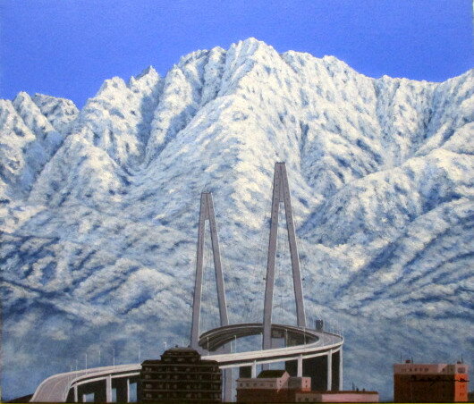 油彩画 洋画 (油絵額縁付きで納品対応可) WF6 「立山連峰と新湊大橋」 朝隈 敏彦