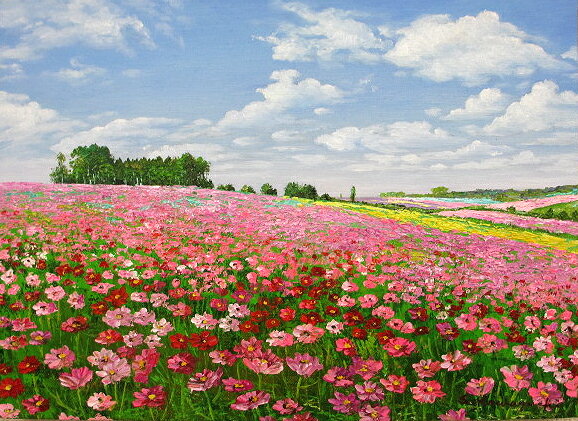 油彩画 洋画 (油絵額縁付きで納品対応可) F4〜P4号 「花畑」 川口 里美