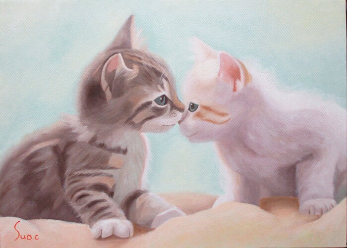 絵画をお探しなら必見！ 油彩画 洋画 (油絵額縁付きで納品対応可) F6 ～ F6 「仔猫 こんにちは」 周防 知秋 14,670円～