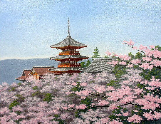 油彩画 洋画 (油絵額縁付きで納品対応可) WSM 〜 F10 「清水寺に桜」 朝隈 敏彦 14,670円〜