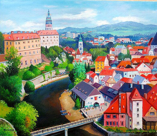 日本の名画 絵画 油絵 油彩画 洋画 (油絵額縁付きで納品対応可) M10 〜 M20 「チェスキークロムロフ」 ..