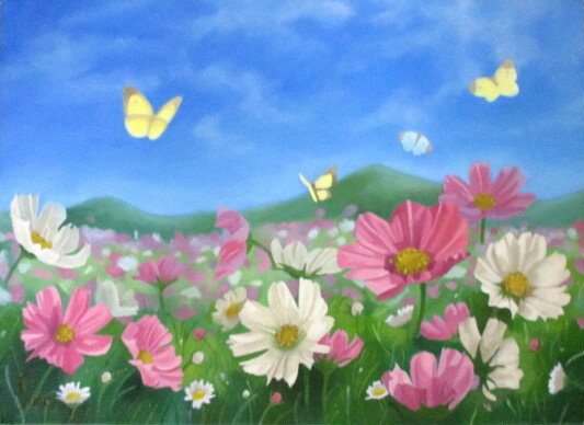 油彩画 洋画 (油絵額縁付きで納品対応可) M4 〜 M6 「山のふもとの花畑」 周防 知秋 14,670円〜