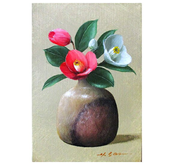 油彩画 洋画 (油絵額縁付きで納品対応可) P4号 「椿 赤と白」 安田 英明 44,240円〜