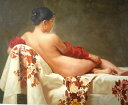 肉筆絵画 油絵 油彩画 洋画 木枠付 (油絵額縁付きで納品対応可) F10号 「花模様のシーツの裸婦」