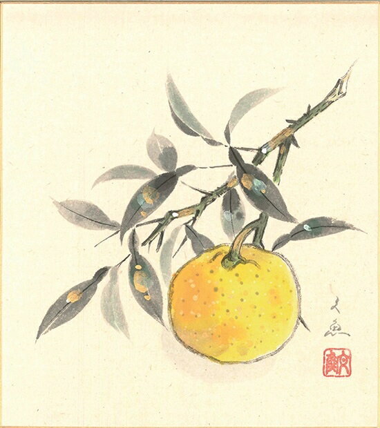 色紙（冬）中谷 文魚作画「柚子」 色紙寸法24.2X27.2cm