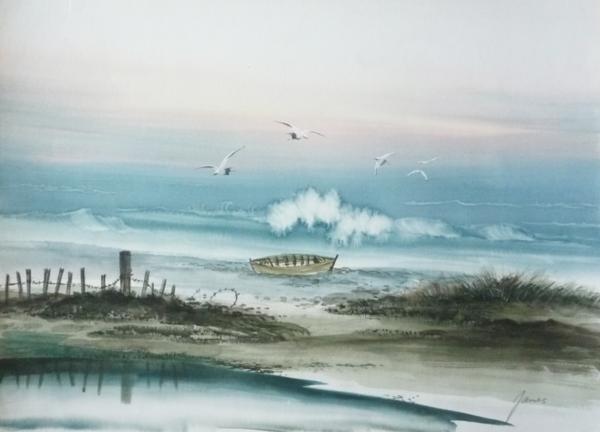 絵画 水彩画 「波 海景」 -L24 -新品-特価品