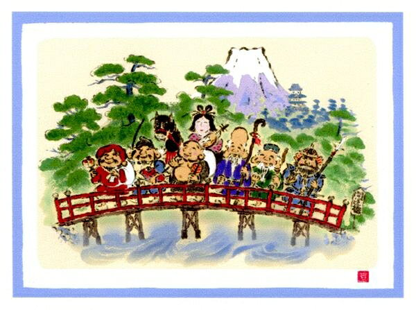 日本の名画 絵画 ジーグレー版画 吉岡浩太郎 大衣 シートのみ 大開運七福神「七福神開運橋」
