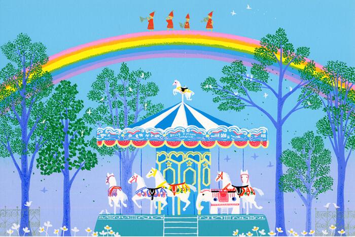 絵画 ジーグレー版画 シルクスクリーン版画 吉岡浩太郎 楽しいイメージ 「虹のメリーゴーランド」 インチ(絵画シート+マット付)、 太子(絵画シートのみ)、大衣(絵画シートのみ)、四っ(絵画シートのみ)