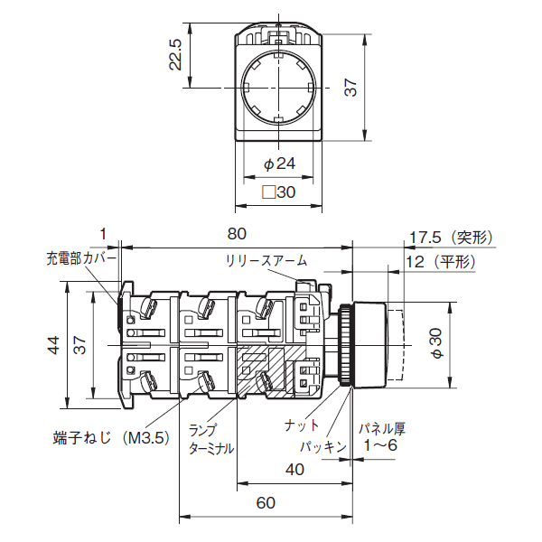 富士電機 AR22E5P-11E3S 照光押しボタンスイッチ AR22シリーズ 青 角丸フレーム オルタネイト形 突形 φ24 LED照光 接点構成: 1a1b 全電圧式: AC/DC24V NN