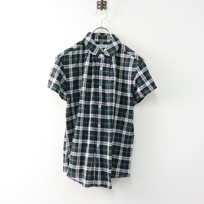 2024SS モリカゲシャツキョウト MORIKAGE SHIRT KYOTO リネンチェックの?半袖ネックギャザーシャツ L/グリーン ブラウス 【2400014018219】【中古】