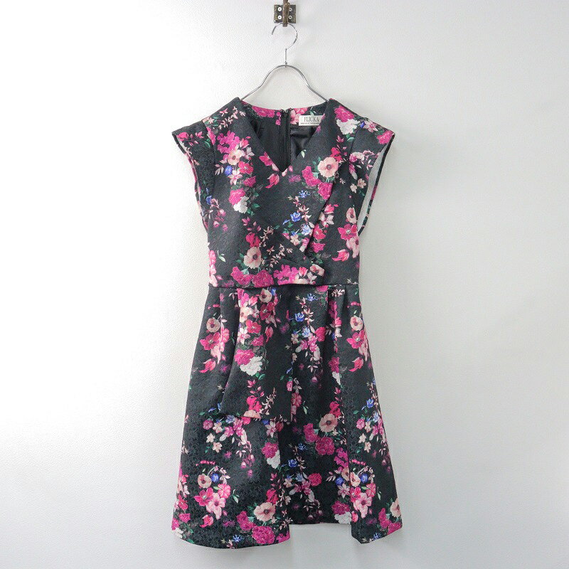 【オータムセール】美品 フリッカ FLICKA フラワープリント ジャガード ワンピース 0/ブラック ピンク 花柄 ドレス【2400014031287】【中古】
