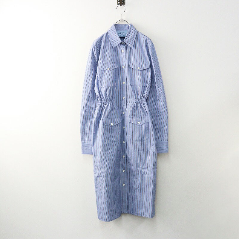 プラダ ブルー 総柄 シルク ワンピース 38(中古・古着通販 プラダ ブルー 総柄 シルク ワンピース 38(中古・古着通販
