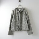 ワールド グローブ grove フリンジ ツイード ノーカラー ジャケット M/ブラック ホワイト 前開き 長袖 【2400014365108】【中古】