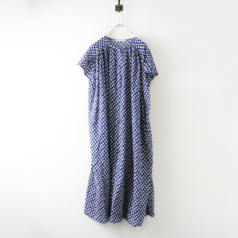 ファナカ FANAKA ダイヤ柄プリントワンピース ネイビーブルー┃チュニック ドレス インド製 前開きブラウス【2400014657111】【中古】