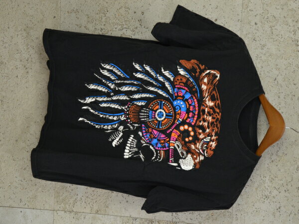 アニマルプリント Tシャツ ジャガー アステカ マスク 古着 ヴィンテージ ブラック メンズ used F-NEW26..